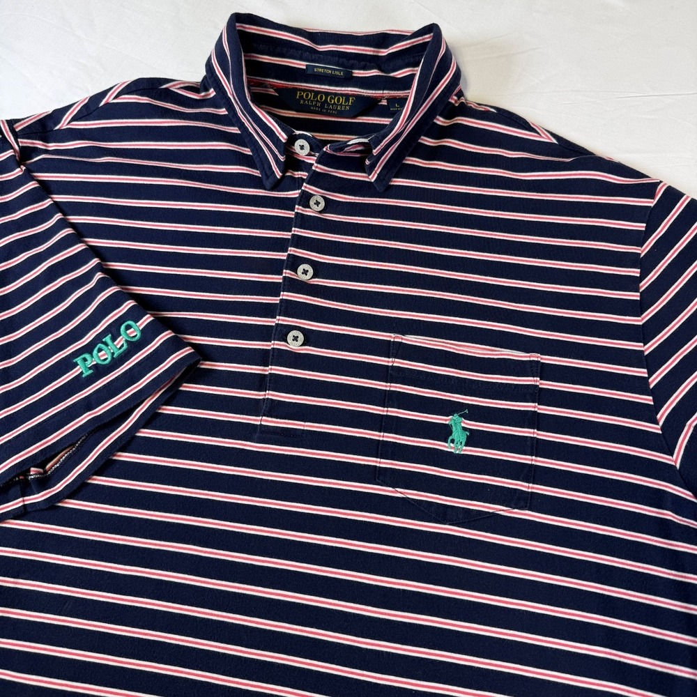 Polo Golf by Ralph Lauren Shirt Men's Large Stripe Stretch‎ Lisle Spell Out